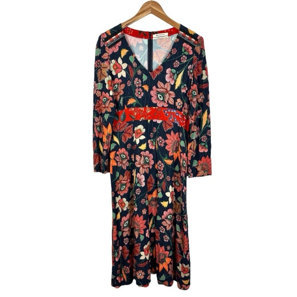 Aldomartins Millefleur Dark Floral Midi Dress Size Large Navy Red Multi Stripe